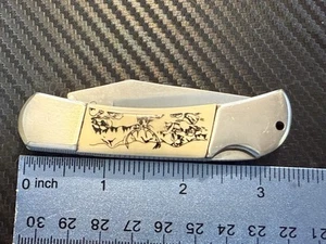 Vintage Sabre Pocket Knife Folding Lockback Scrimshaw Look Deer Scenes - Picture 1 of 9