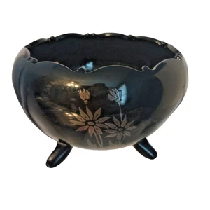 LE Smith Mt Pleasant Amethyst Black Glass Footed Bowl w Silver Flowers 4.5 x3.25 - Picture 1 of 5