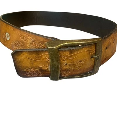 Genuine Leather Womens Belt Tooled Flowers Brass Buckle Western Boho Vintage - Image 1 of 4