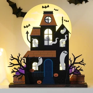 Wooden Lighted Haunted House Halloween Tabletop Decor Battery Operated Indoor - Picture 1 of 11