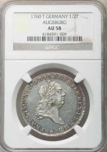 1760-German States  AUGSBURG 1/2 Thaler KM# 173 (AU 58-NGC) - Picture 1 of 2