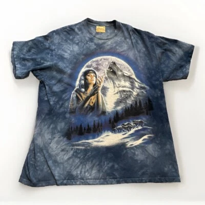 The Mountain Native American Woman Wolf Pack Shirt Blue Size XL Vintage 90’s - Image 1 of 4