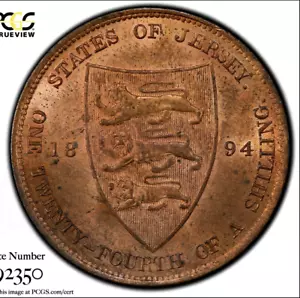 UK Britain JERSEY 1/24 SHILLING Coin 1894 Top 5 PCGS MS-64 RED  - Picture 1 of 8