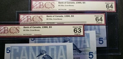 Lot of 3 Bank of Canada 1986 $5 BC-56a Crow-Bouey Prefix ENC Yellow BPN - Image 1 of 4