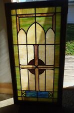 Antique Vtg Stained Glass Church Window Gothic Arches w Cross Nice Frame   