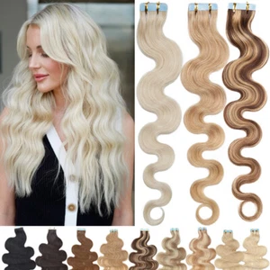 Body Wave Tape In Hair Extensions 100% Remy Real Human Hair Skin Weft FULL HEAD - Picture 1 of 53