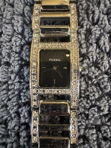 Fossil Womens Watch ES1172 Silver Tone Square Face Crystals Black Dial New Batt - Picture 1 of 4