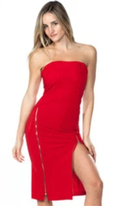Rot Trägerlos Bodycon Midi Röhre Top Reißverschluss Kleid Sexy Cocktail Club - Bild 1 von 1