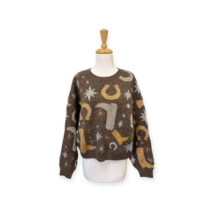 ZARA Western Cowboy Pullover Gr. L Large Metallic Strick Braun - Bild 1 von 7