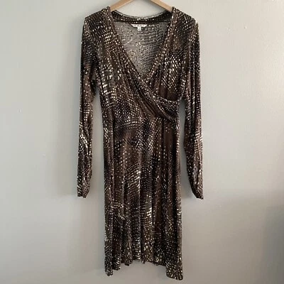 CAbi Women’s Size Large Faux Wrap Brown Printed Long Sleeve Stretchy Dress - Image 1 of 4