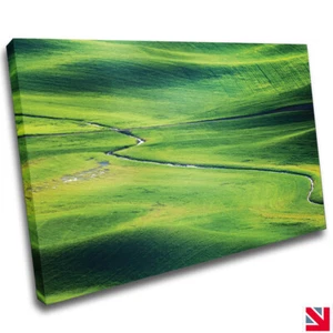Green Grass Fields Road River CANVAS Wall Art Picture Print A4 - Picture 1 of 3