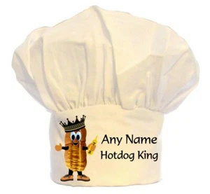 PERSONALISED HOTDOG KING CHEFS HAT 100% POLYESTER BBQ BIRTHDAY CHRISTMAS - Picture 1 of 2