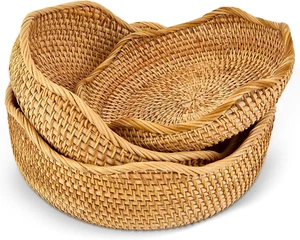 3 Pack Natural Rattan Round Fruit Basket Bowls,Rattan Bread Basket,Woven Serving - Picture 1 of 11