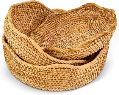 3 Pack Natural Rattan Round Fruit Basket Bowls,Rattan Bread Basket,Woven Serving - Image 1 of 4