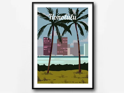Honolulu travel poster, Honolulu retro wall print, Hawaii vintage travel print - Image 1 of 4