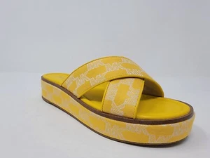 Michael Kors Indira Logo Jacquard Yellow Platform Wedge Slide Sandal Size 8 - Picture 1 of 10
