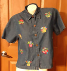 New Directions Blue Denim Short Sleeve Blouse Flower Pots and Water Cans Size M