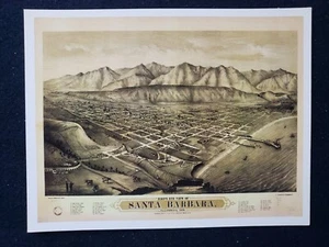 Aerial Bird's Eye View 1877 Map of Santa Barbara California CA - Picture 1 of 2