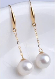 18ct Solid Gold Akoya Pearl Chain Hook Earrings, drop, 18K, Au750, dangle, gift - Picture 1 of 6