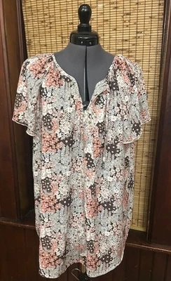 Simple Fun Crepe Tie V-Neck Floral Flowy Short Sleeve Tunic Top Blouse Boho 2XL - Image 1 of 3
