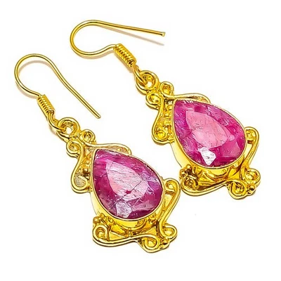 Pendiente antiguo enchapado en oro amarillo de 18k con piedras preciosas de rubí (simulado) 1,95" E7-603 Foto 1 de 3