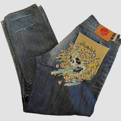 VTG Men's Ed Hardy Skull Embroidered Rhinestone Denim Jeans 38X34 READ - Image 1 of 4