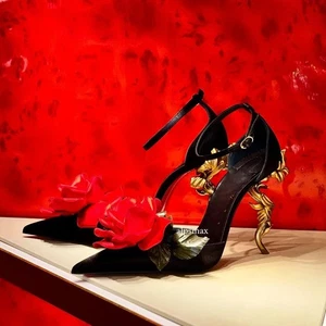 Womens Satin Pointed Toe Flower Ankle Strap High Strange Stiletto Heel Design Sz - Picture 1 of 25