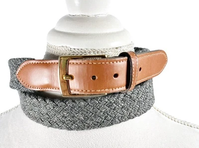 Cinturón de algodón gris verde tejido para hombre con ribete de cuero hebilla de latón hecho en EE. UU. talla 38 Foto 1 de 4