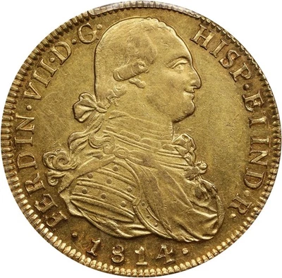 Чили Фердинанд VII золото 8 эскудо 1814-So FJ PCGS AU-58 Сантьяго новом. Блестящий - Изображение 1 из 4