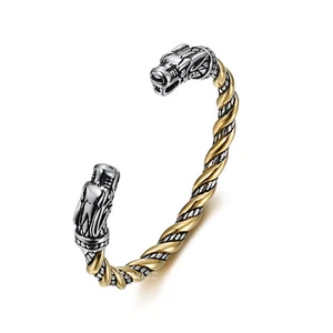 8 Inch Mens Stainless Steel Viking Gold Wolf Cuff Norse Bracelet Bangle Arm Ring - Picture 1 of 5