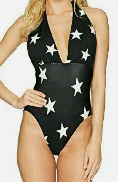 $165 Norma Kamali Mujer Negro Estampado de Estrellas Halter Una Pieza Traje de Baño Talla XS Foto 1 de 1