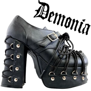 DEMONIA Charade 35 Goth Lolita Punk Bondage Platform Oxford Block Heels Black 5 - Picture 1 of 13