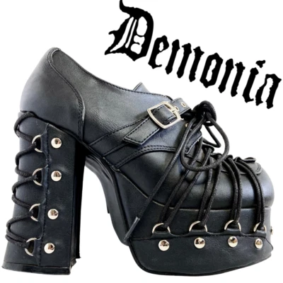 DEMONIA Charade 35 Goth Lolita Punk Bondage Platform Oxford Block Heels Black 5 - Image 1 of 4