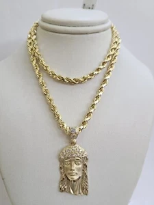 10k Rope Chain Jesus Head Charm Set 4mm 18"-26" Inches Necklace Yellow Gold - Picture 1 of 7