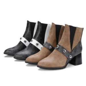 Women's Ankle Boots Synthetic Leather Block Mid Heels Pointed Toe Ladies Shoes - Picture 1 of 19