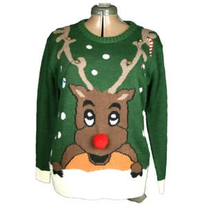 Rudolph Reindeer Jingle Bells Merry Christmas Snow Knit Ugly Sweater Green  S - Picture 1 of 23