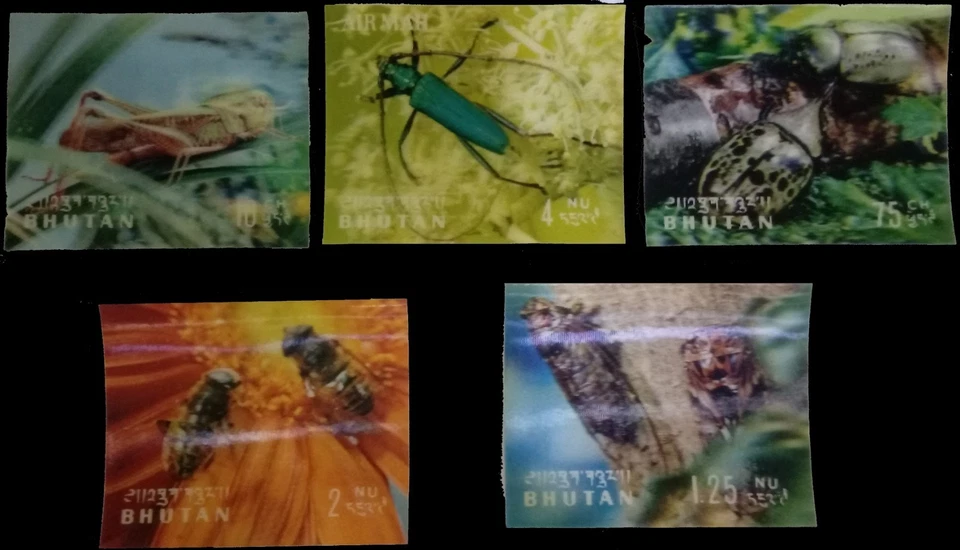 Estampillas 3D de Bután - INSECTOS, 5 diferentes - estampillas de plástico - MNH Foto 1 de 1