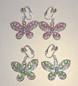 SPARKLING BUTTERFLIES - PINK OR GREEN CRYSTALS - CLIP ON EARRINGS (hook options) - Picture 1 of 4
