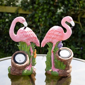 Set Of 2 Solar Light Up Flamingo Ornament Resin Exotic Bird Sculptures LED Bulb - Picture 1 of 4