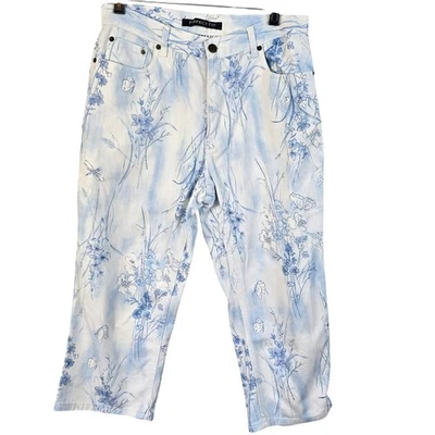 Calça jeans capri vintage Bill Blass feminina 10 azul branca libélula boho - Imagem 1 de 4