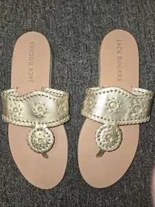 Damen Jack Rogers Gold Leder Peitschenstich Slipper Tanga Größe 7 - Bild 1 von 4