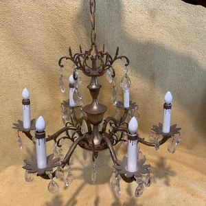 Antique/ Vintage Spanish Style Brass And Crystal 6 Bulb Chandelier - READ - Picture 1 of 24