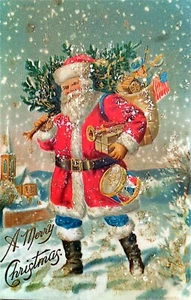1900s Antique UN-USED Postcard GLITTER SANTA MERRY CHRISTMAS AMERICAN FLAG U.S. - Picture 1 of 2