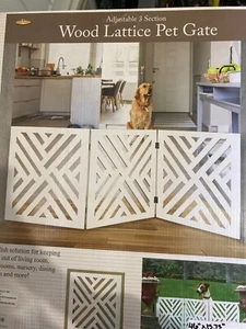 Solid Wood Lattice Freestanding Adjustable 3-Section Pet Gate Dog Fence White - Picture 1 of 7