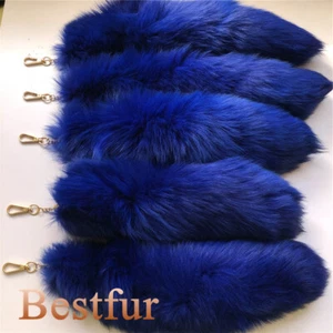 Wholesale Real Fox Fur Tail Dyed Royal Blue Fox Fur Tail Keyring Cosplay Toys - Picture 1 of 7