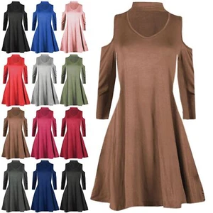 Choker V Neck Ladies Cold Cut Out Shoulder Long Sleeve Womens Swing Mini Dress - Picture 1 of 7