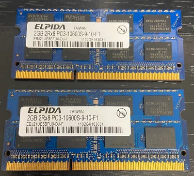 ELPIDA 2x2GB 2RX8 PC3-10600S SoDimm Laptop Ram Memory - Image 1 of 2