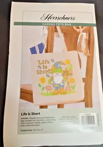 Herrschners "Life is Short" Gnome Stamped Cross Stitch Tote Bag Kit - Picture 1 of 4