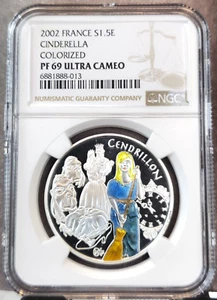 2002 FRANCE SILVER 1.5 EURO CINDERELLA NGC PF 69 ULTRA CAMEO SCARCE BEAUTY - Picture 1 of 3