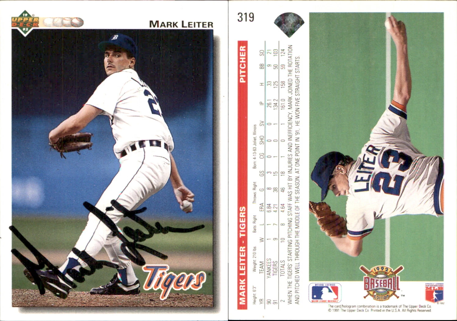 Mark Leiter Signed 1992 Upper Deck #319 Card Detroit Tigers Auto AU